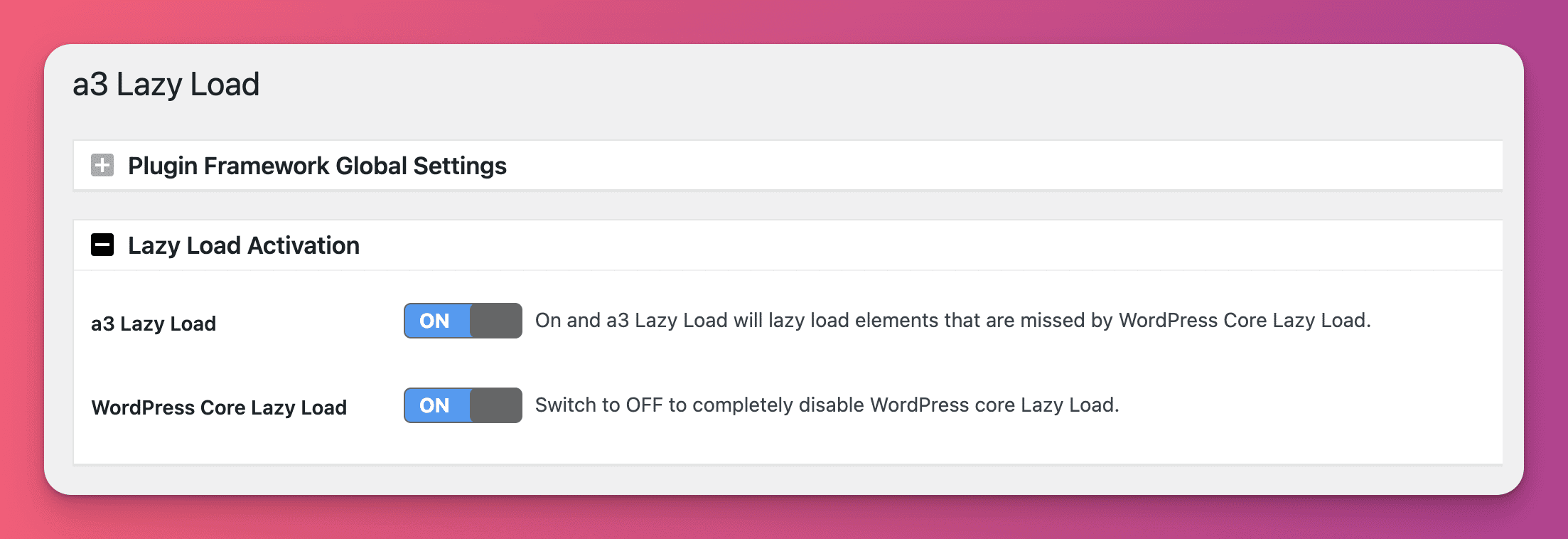 a3 Lazy Load activation settings for WordPress enabling the basic plugin functionalities