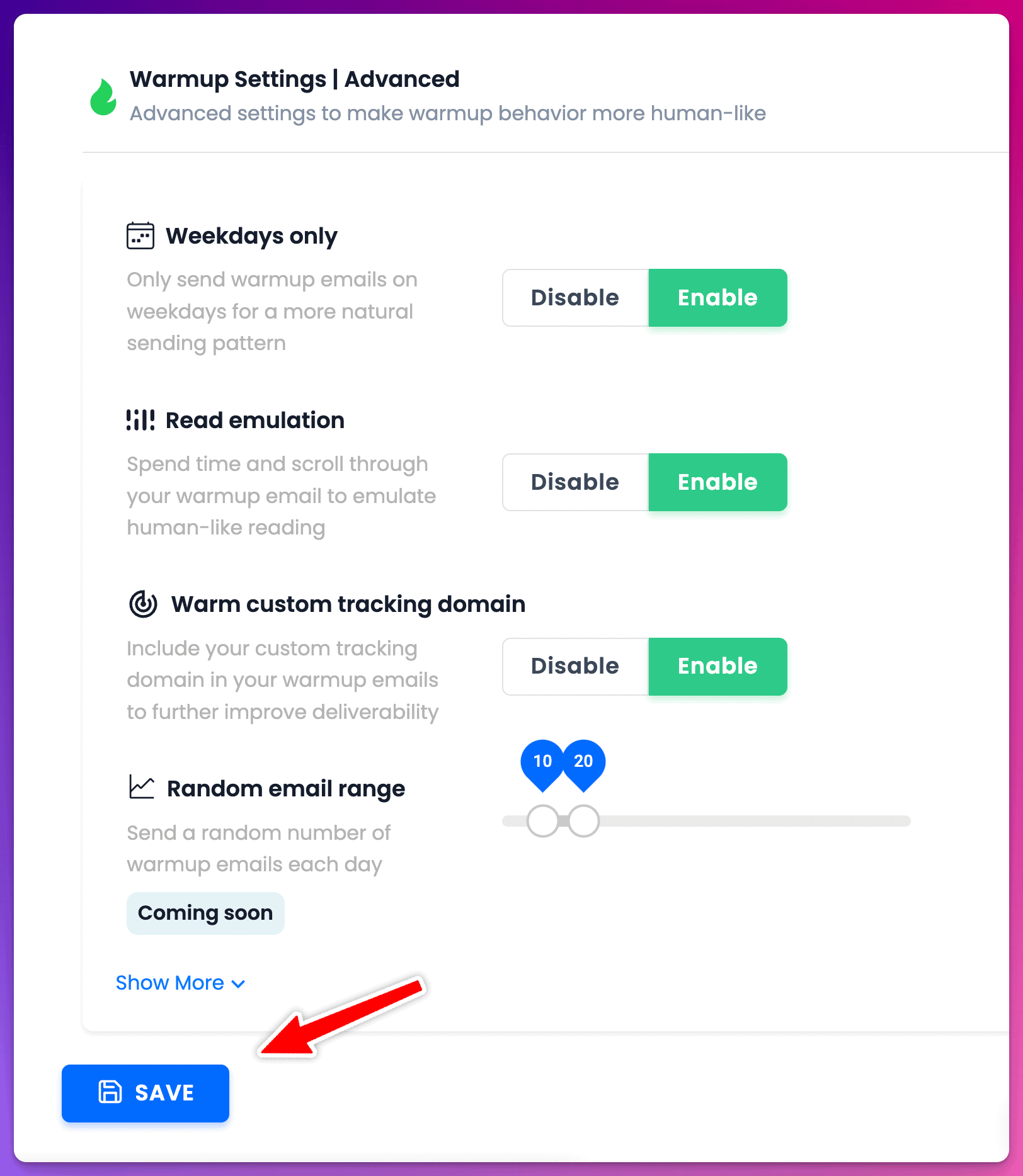 Instantly AI warmup settings save button