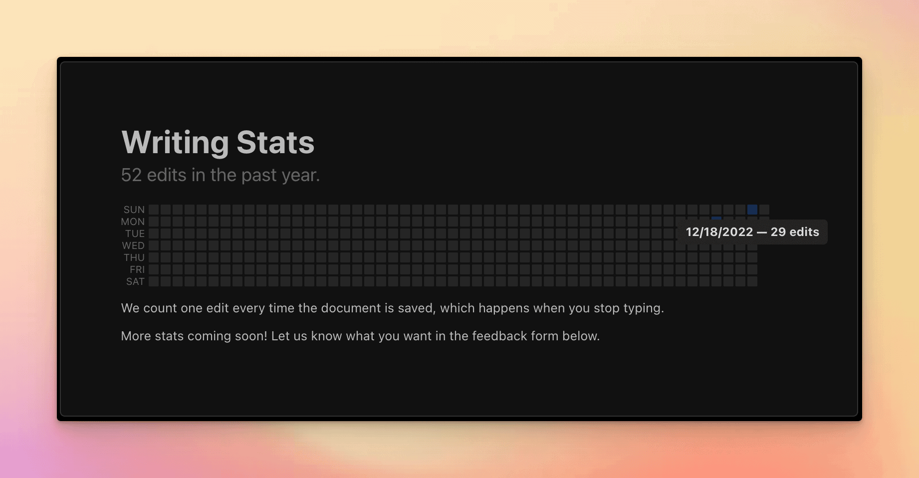 Lex.page writing stats, similar view to GitHub activity screen