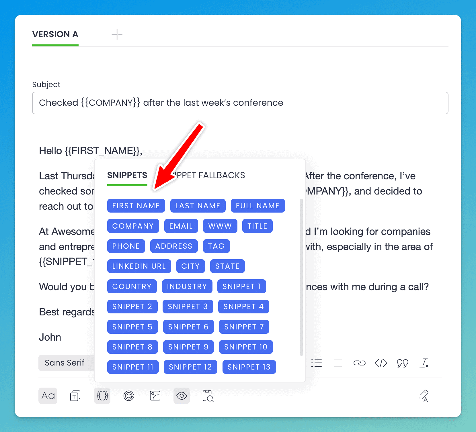 Dynamic Snippet data options when sending cold emails with the woodpecker email platform.