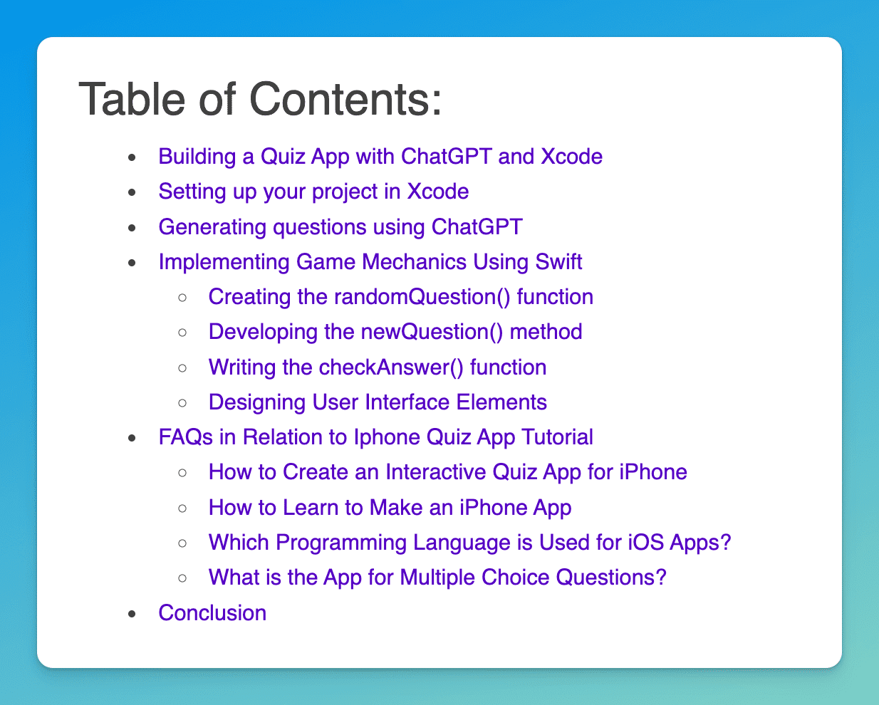 Content at Scale YouTube Video to blog table of contents sample describing