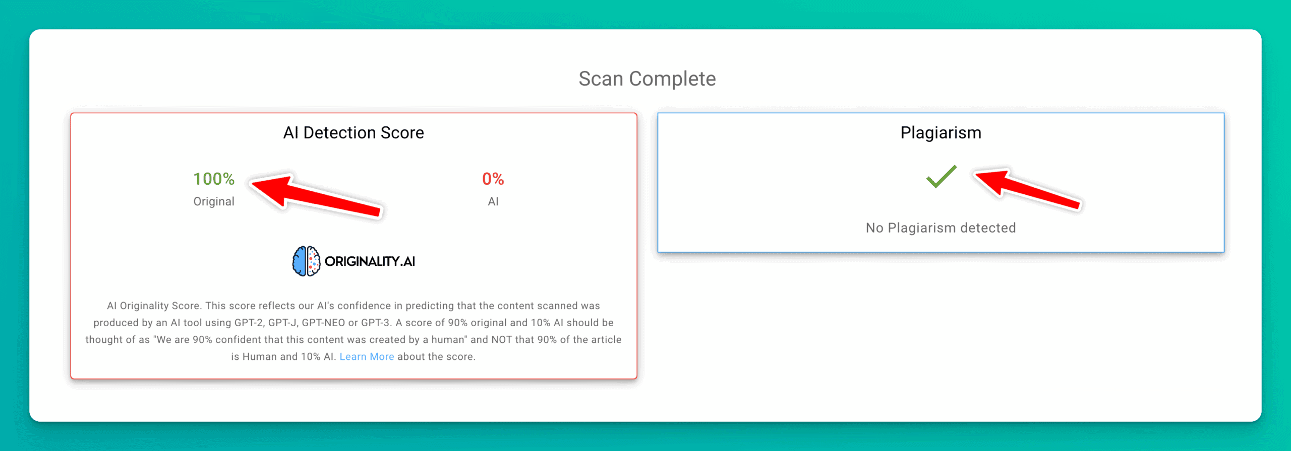 Originality.ai AI Detection score results showing 100% original and non-copied text.