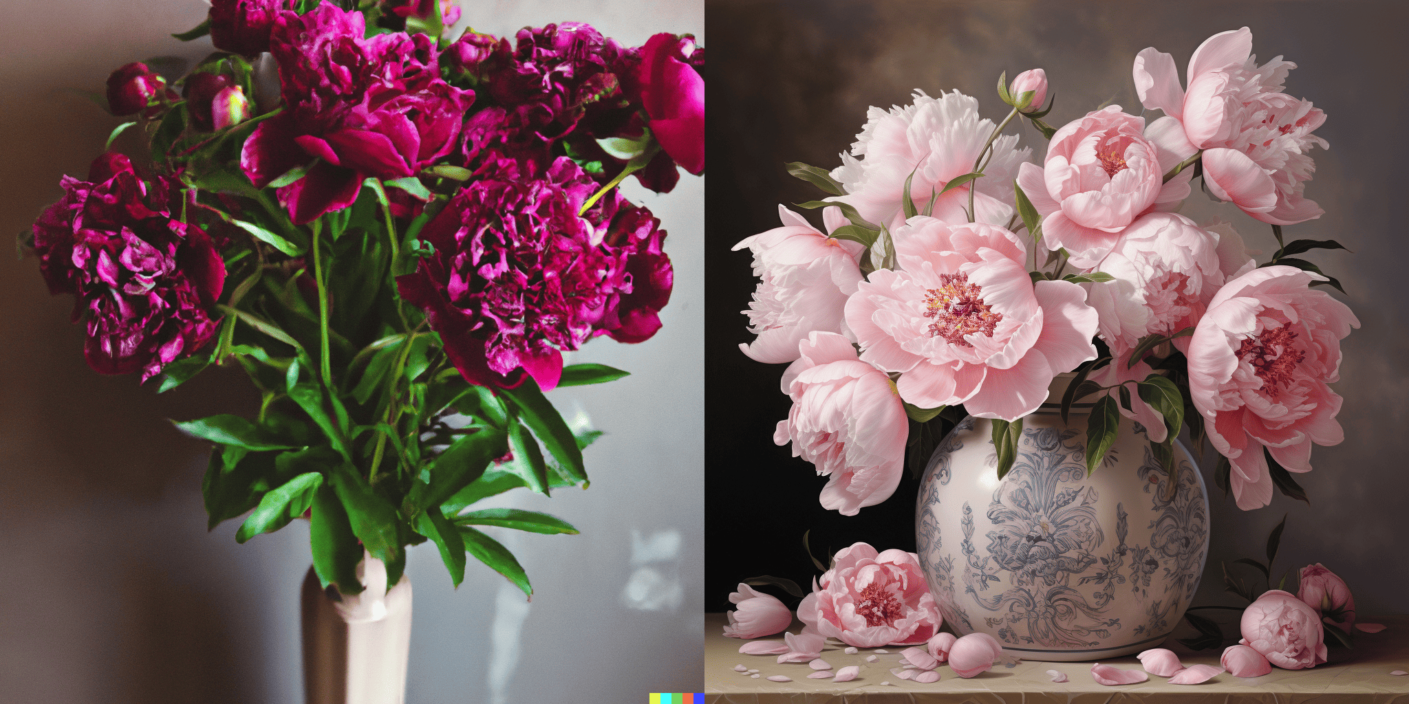 DALL-E 2 vs. Midjourney: Generated image comparison of a flower vase.