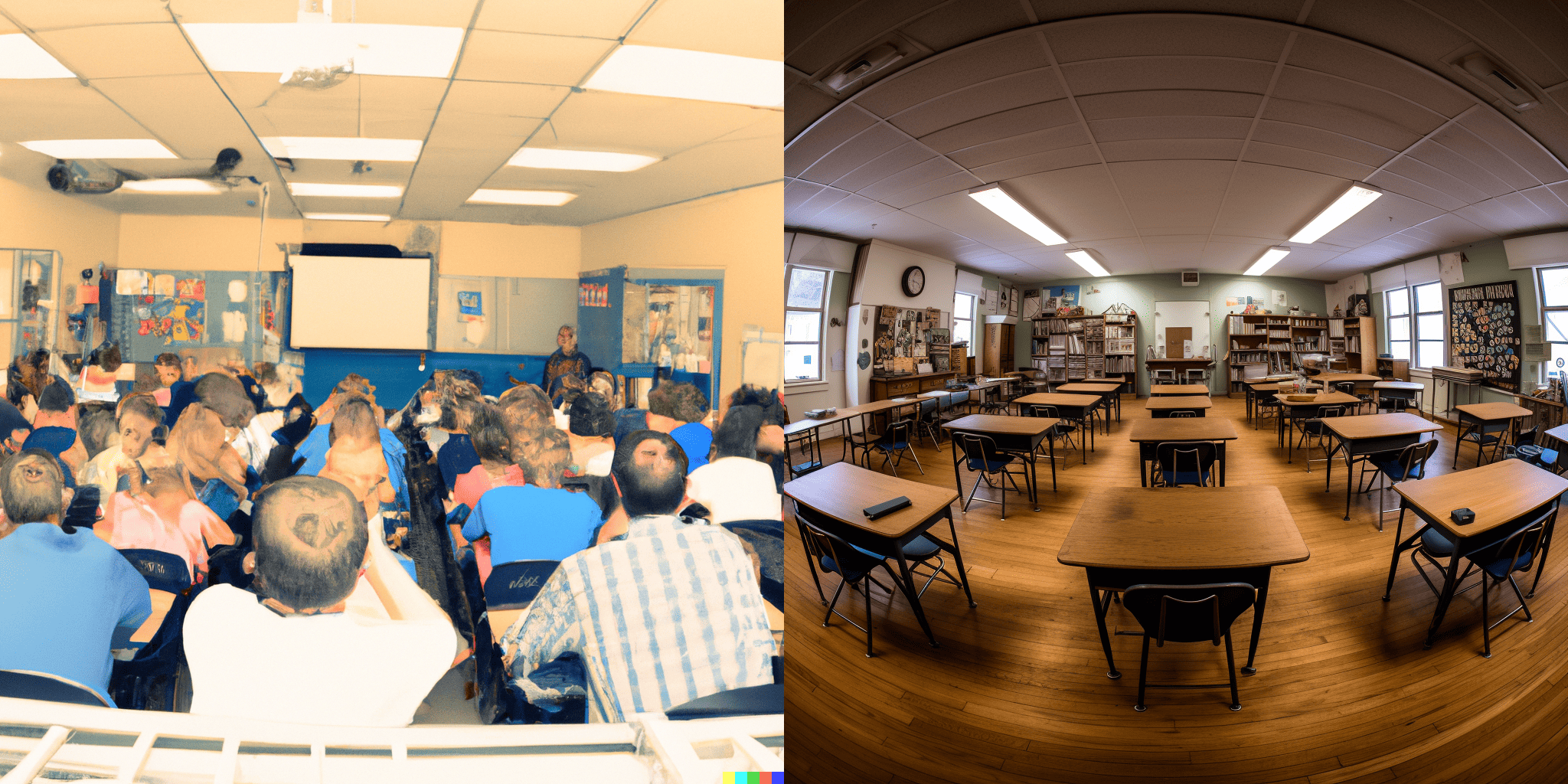 DALL-E 2 vs. Midjourney: Generated image comparison of a classroom full of students.