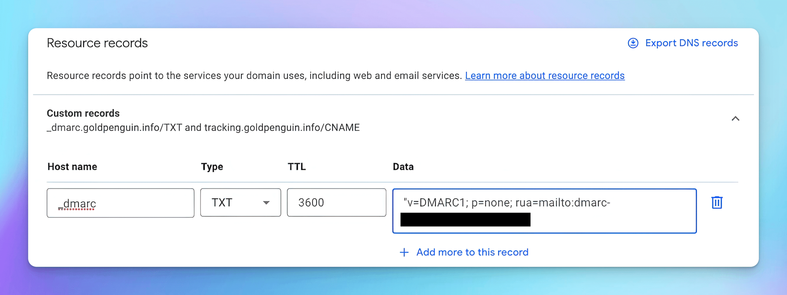 Example of DMARC custom record successfully added
