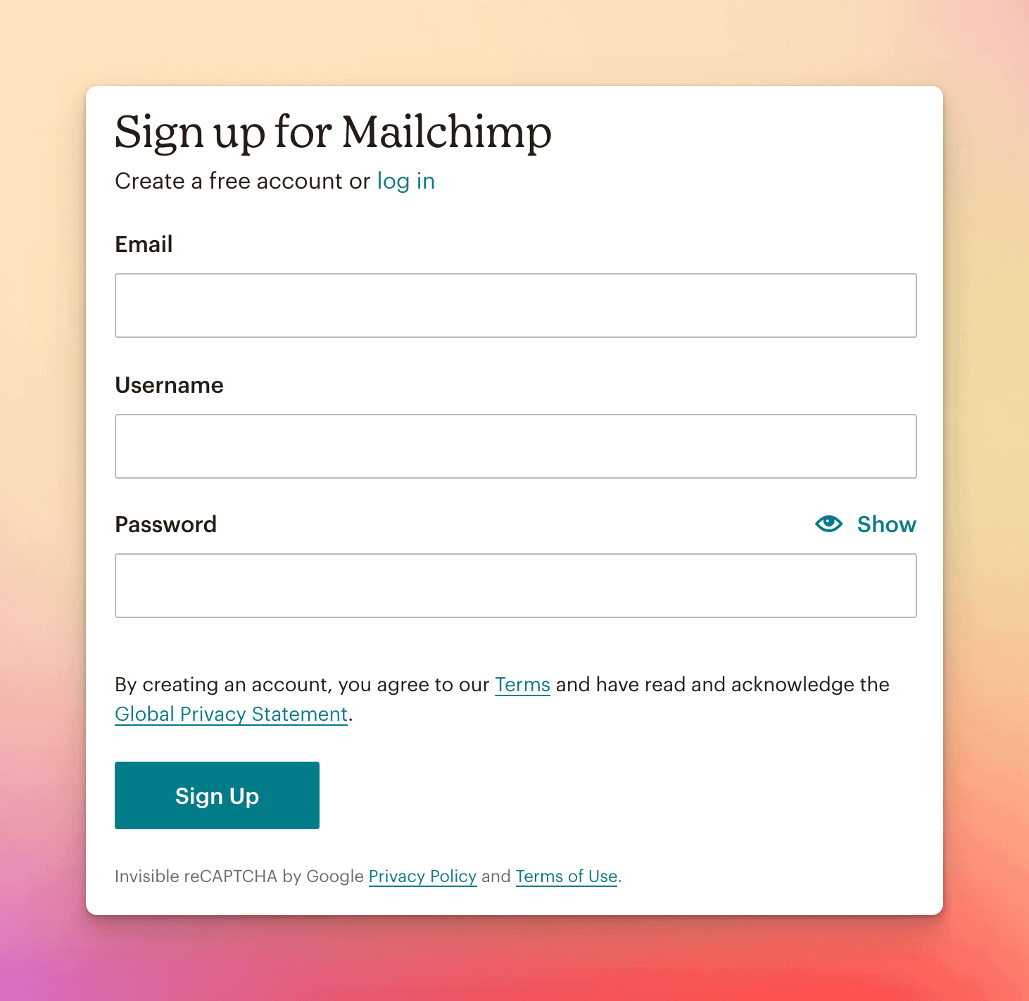MailChimp registration page