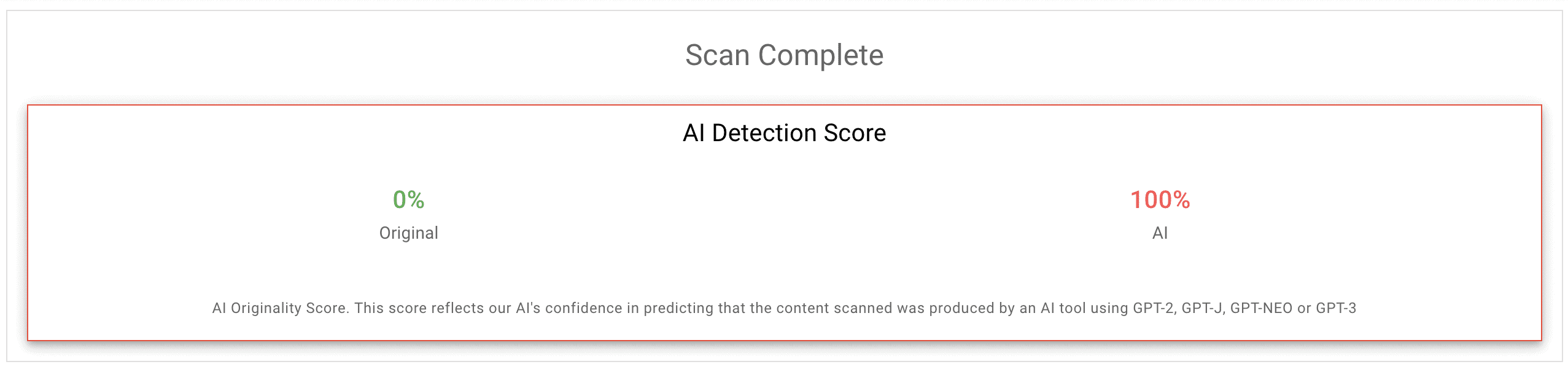 Initial Originality.ai AI Detection (100% AI, 0% original)