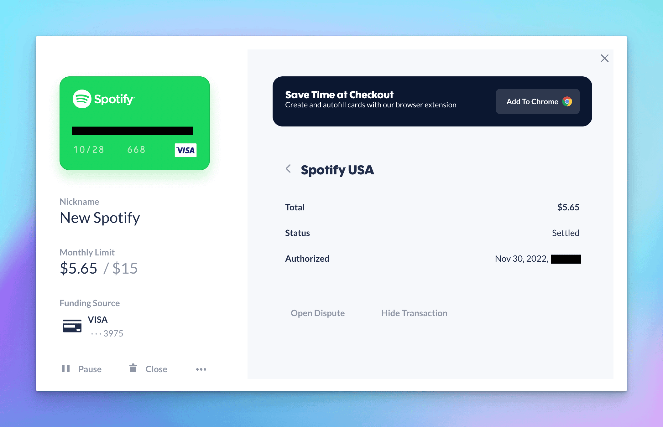 Sample card information of using Privacy.com to purchase a Spotify subscription