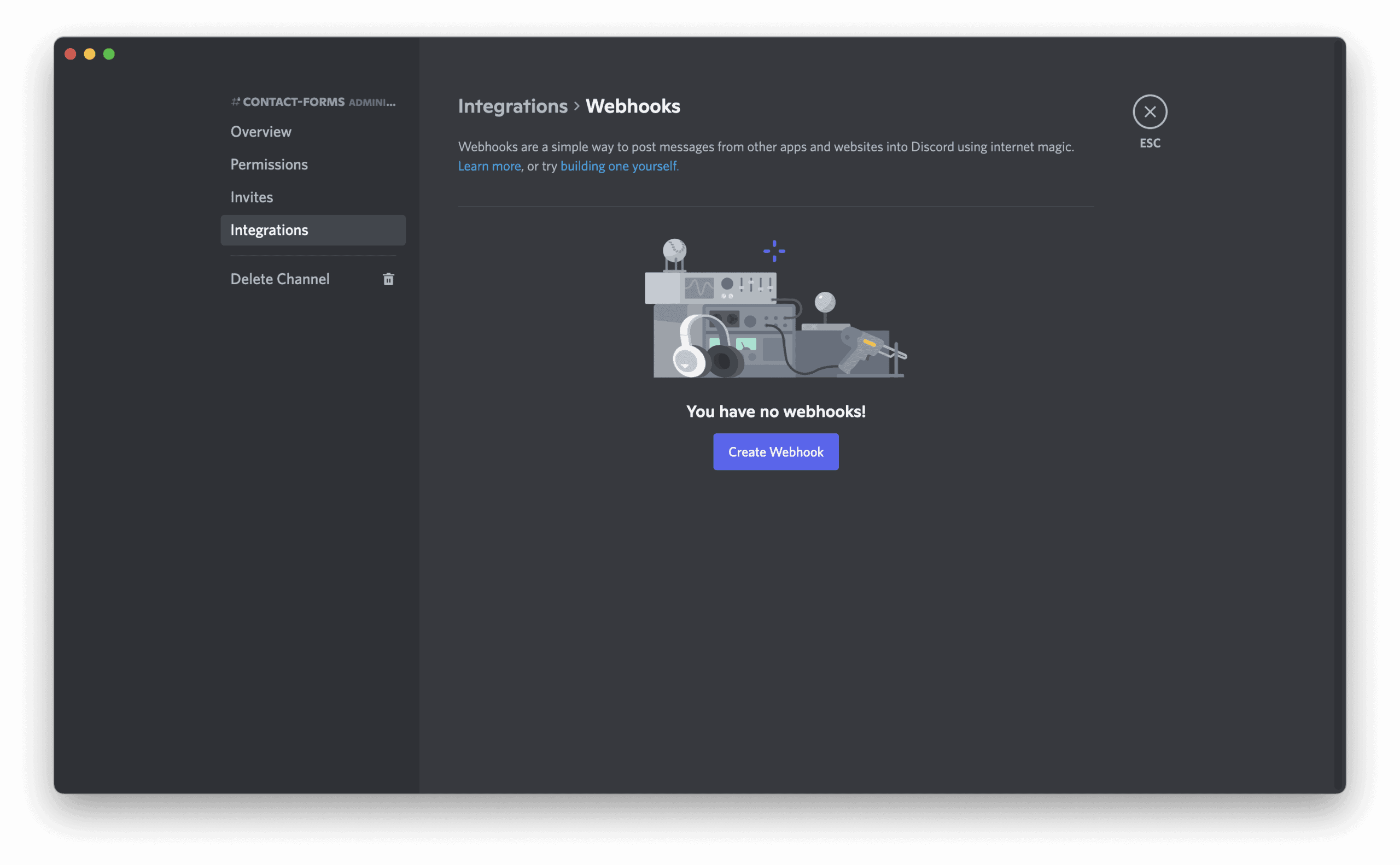 webhook integration blank screen with discord