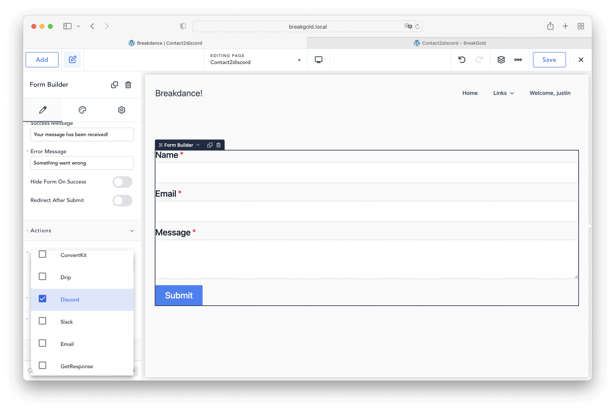 form builder with discord submission action in breakdance builder