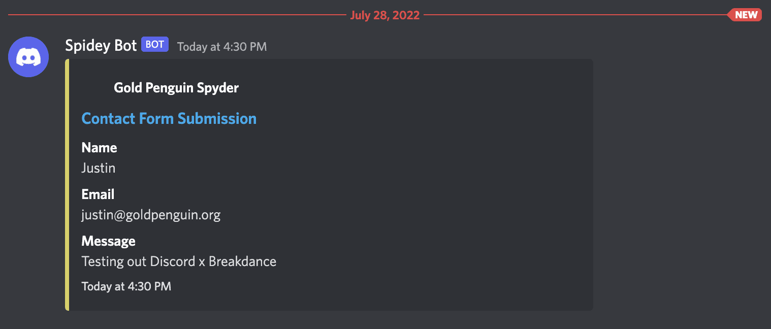 sending a sample message in discord