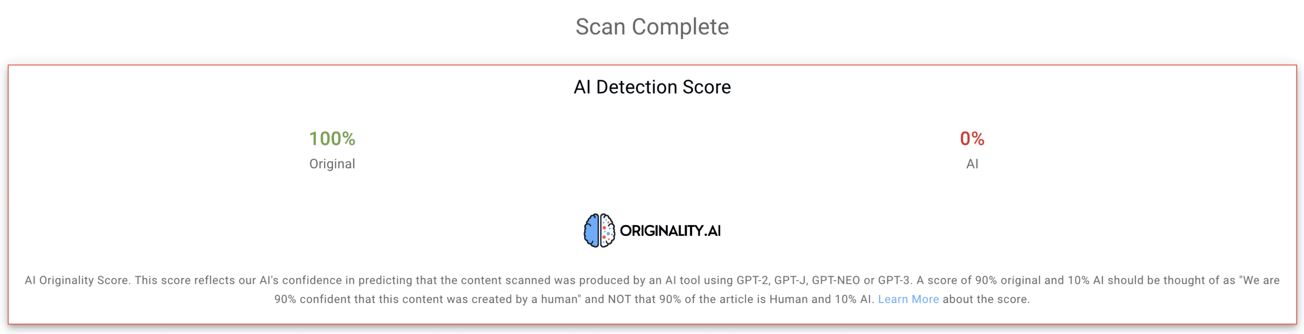 After revising ChatGPT and QuillBot content, Originality.ai produced a 0% AI score, showing this was written by a human.