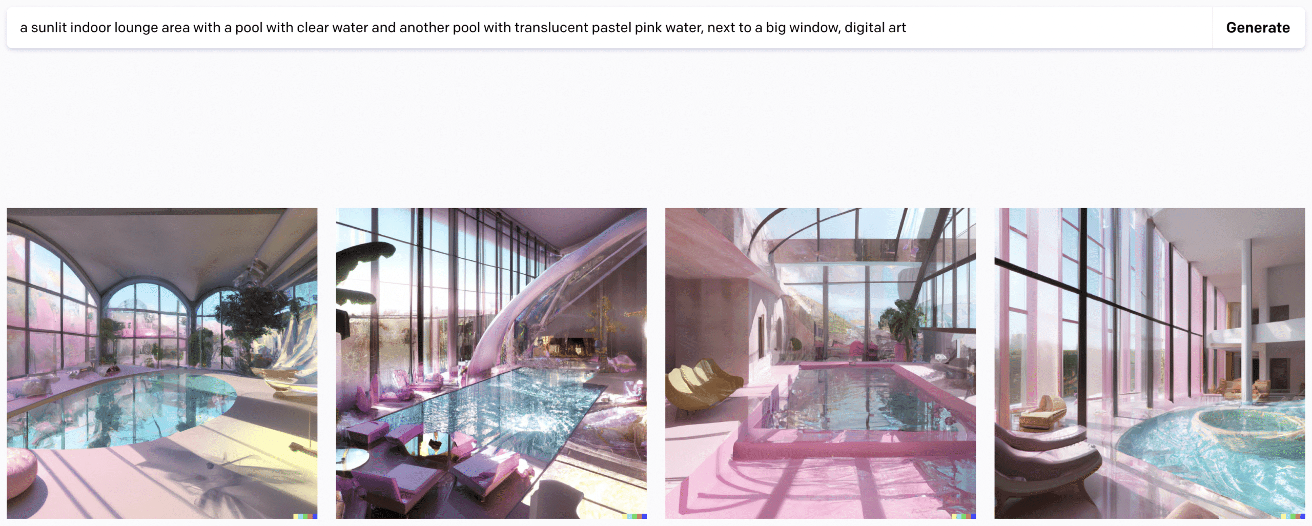 DALL-E 2.0 prompt - a sunlit indoor lounge area with a pool with clear water and another pool with translucent pastel pink water, next to a big window, digital art