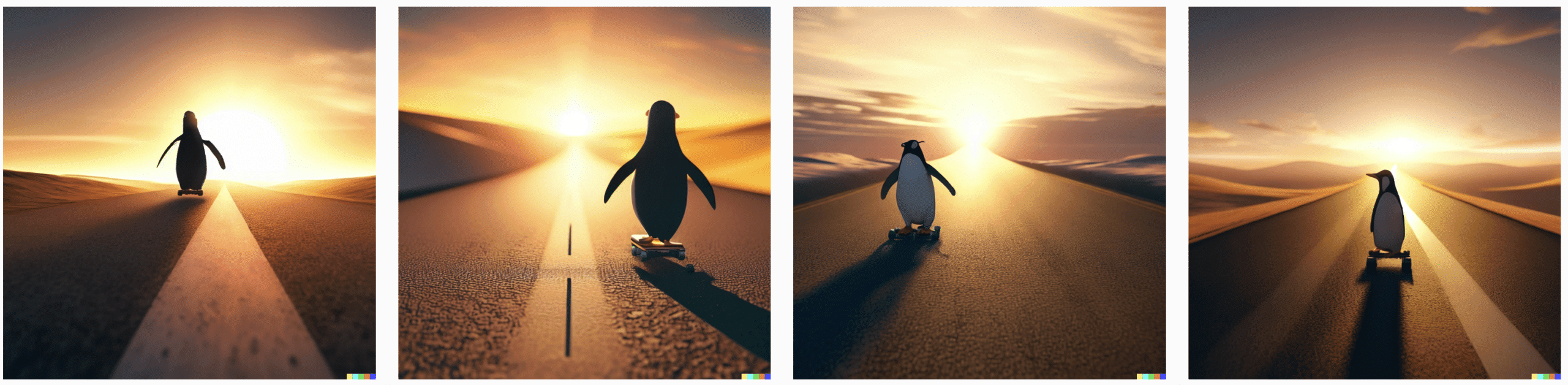 DALL-E 2 experimental update image of a penguin skateboarding into the sunset on a long path centered with a desert on both sides. photorealistic 8k