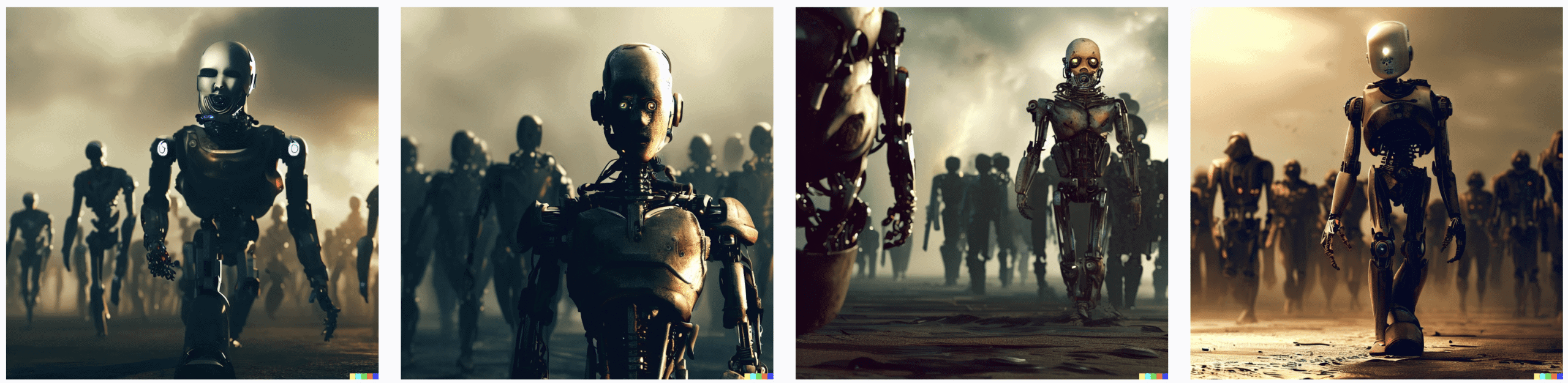 DALL-E 2 experimental update image of a robot with a human face walking towards a group of other robots in the theme of "I am Legend" very apocalyptic-like. 4k photorealistic picture