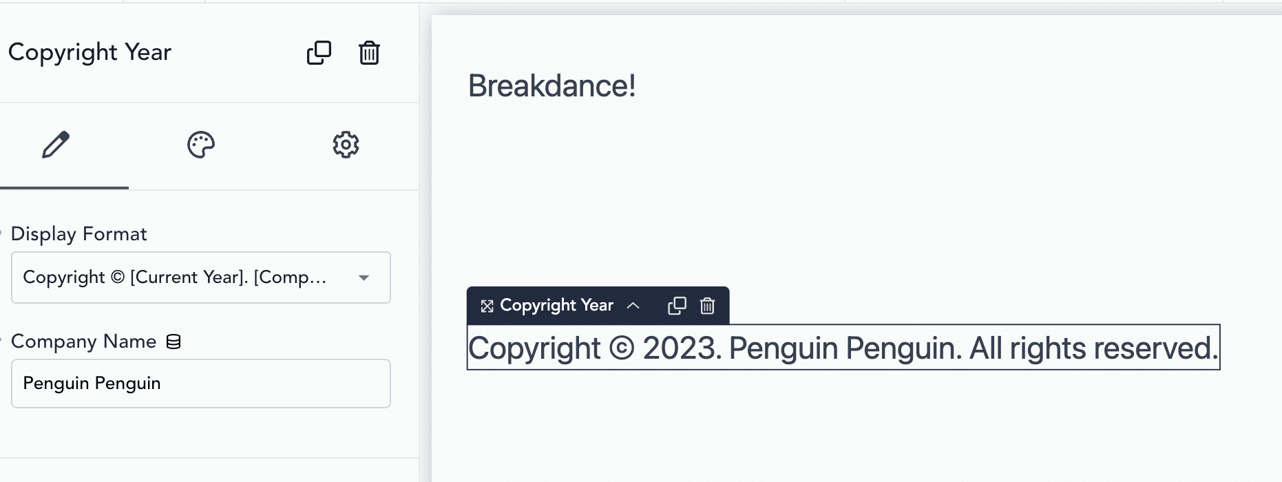 Dynamic copyright year element widget with Destiny Elements for Breakdance Builder
