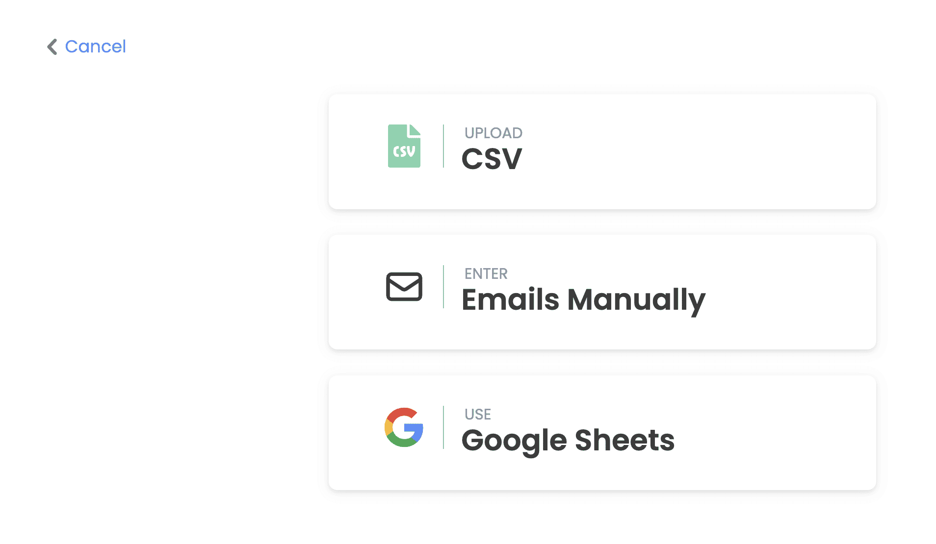 Instantly AI lead import screen showing CSV, manual, or Google Sheets integrations