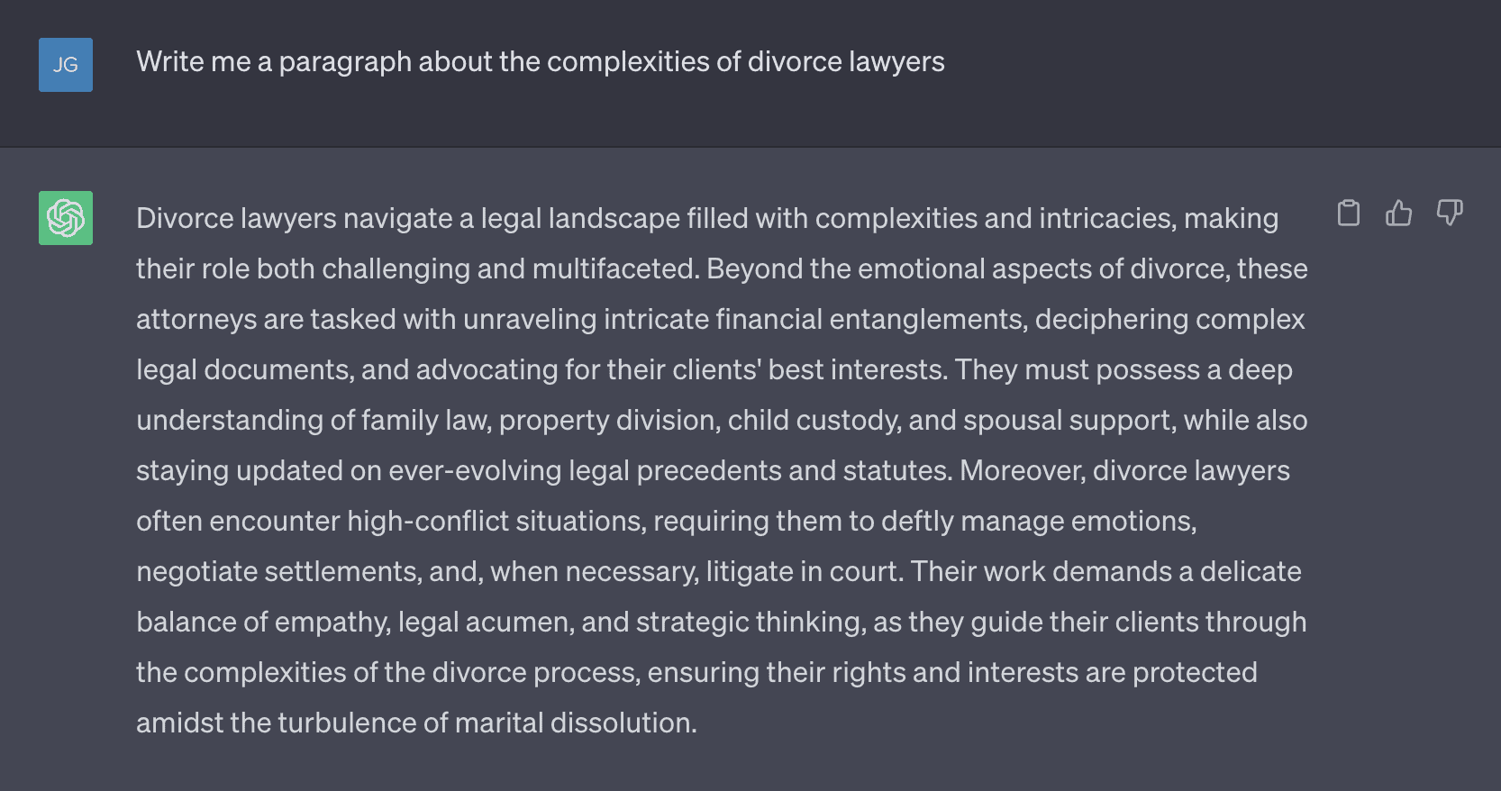 A ChatGPT generated output paragraph about the complexities of divorce lawyers (sample text to test AI detectors)