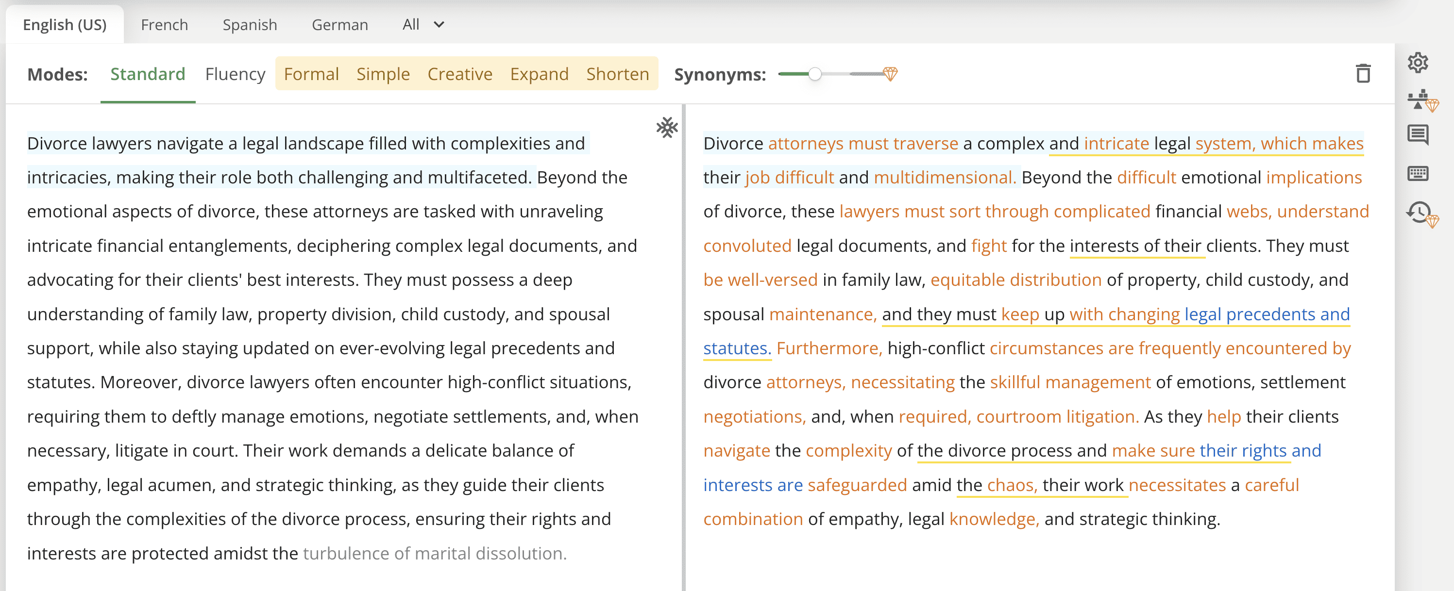 QuillBot changed text (highlighted in orange and blue text) with the option to click and change words as you wish