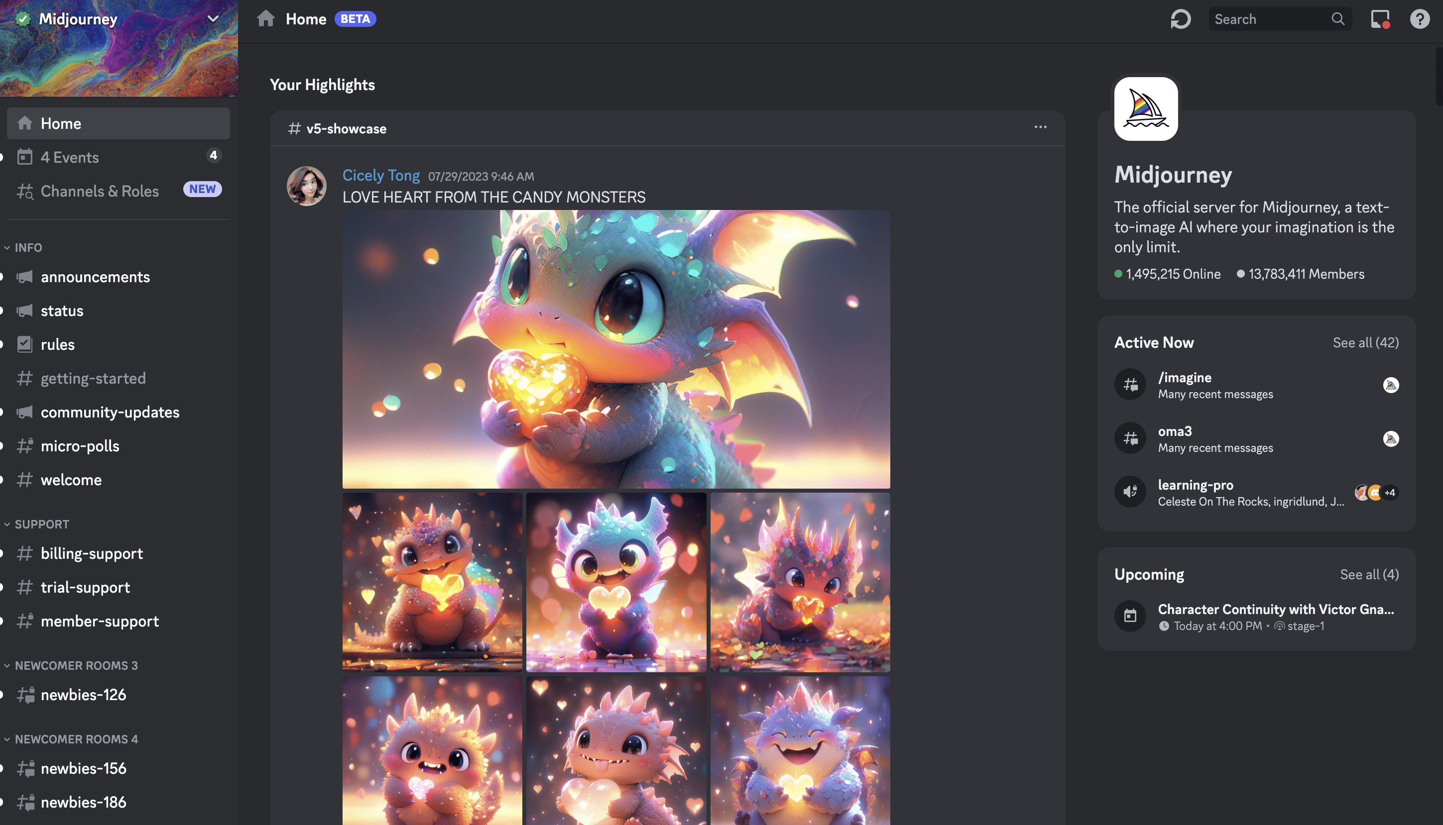 An image of the default home page on the Midjourney discord server