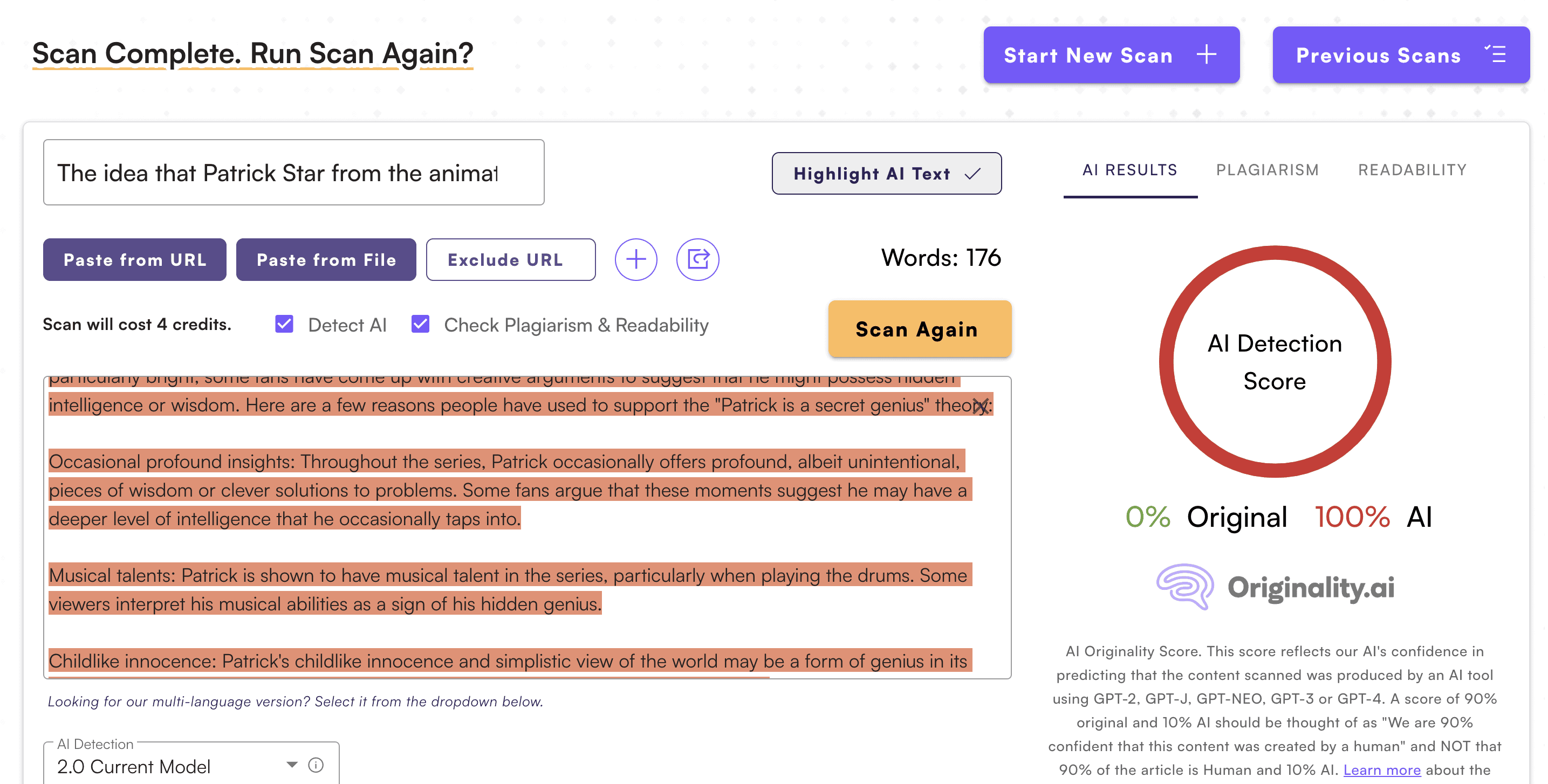 Originality AI returning a sample of ChatGPT text as being AI-generated