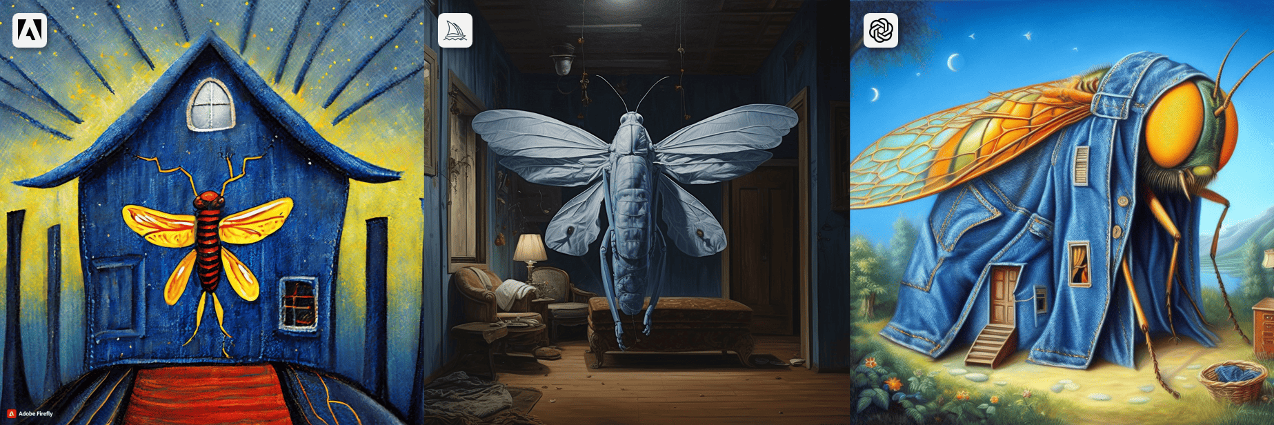 A surrealist painting of a large firefly in a house made of denim