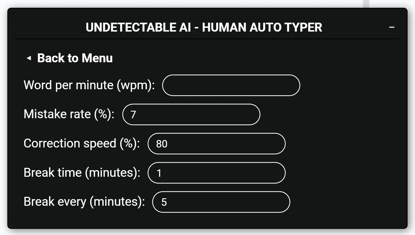 Undetectable AI Chrome Extension Human Typer Advanced Settings