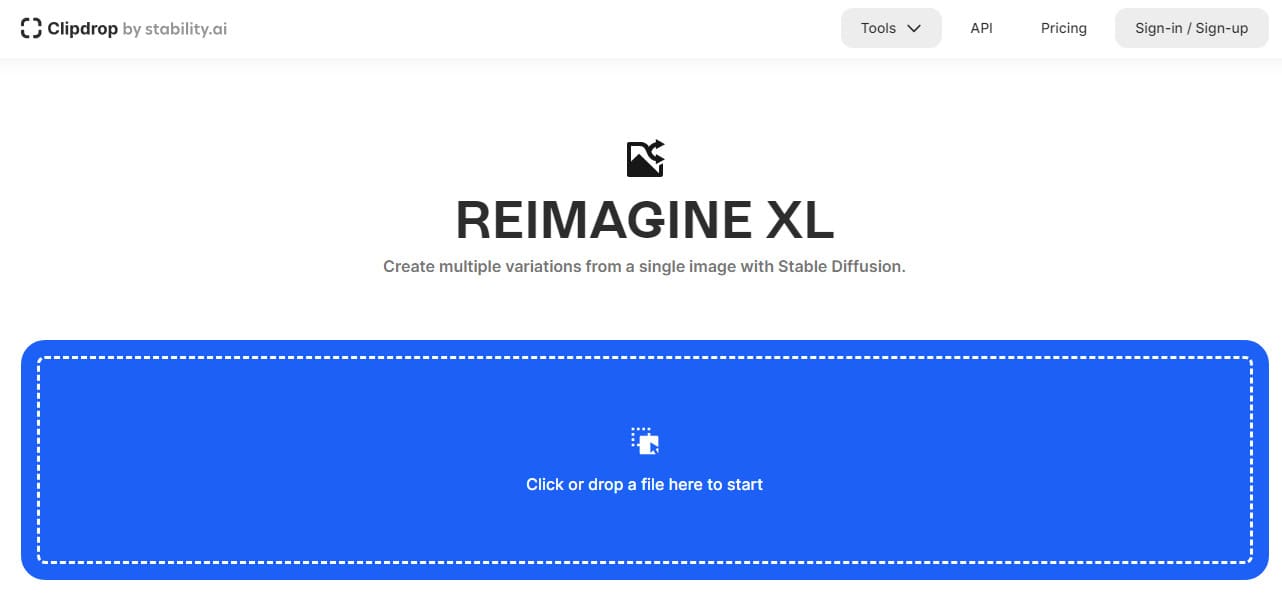 Stable Diffusion Reimagine XL Landing Page