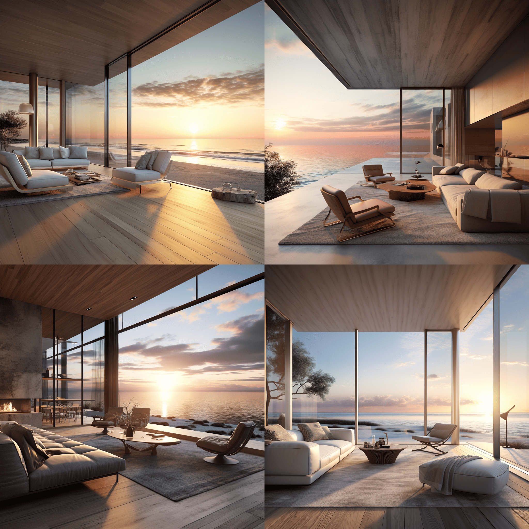A modern minimalist loft with floor-to-ceiling windows overlooking a tranquil beach at sunset. --quality 1