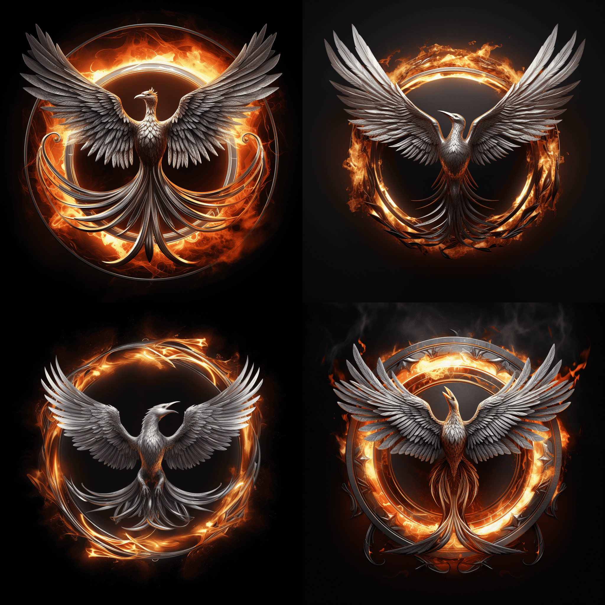 A sleek silver phoenix emblem, wings spread wide, encircled by a ring of fire