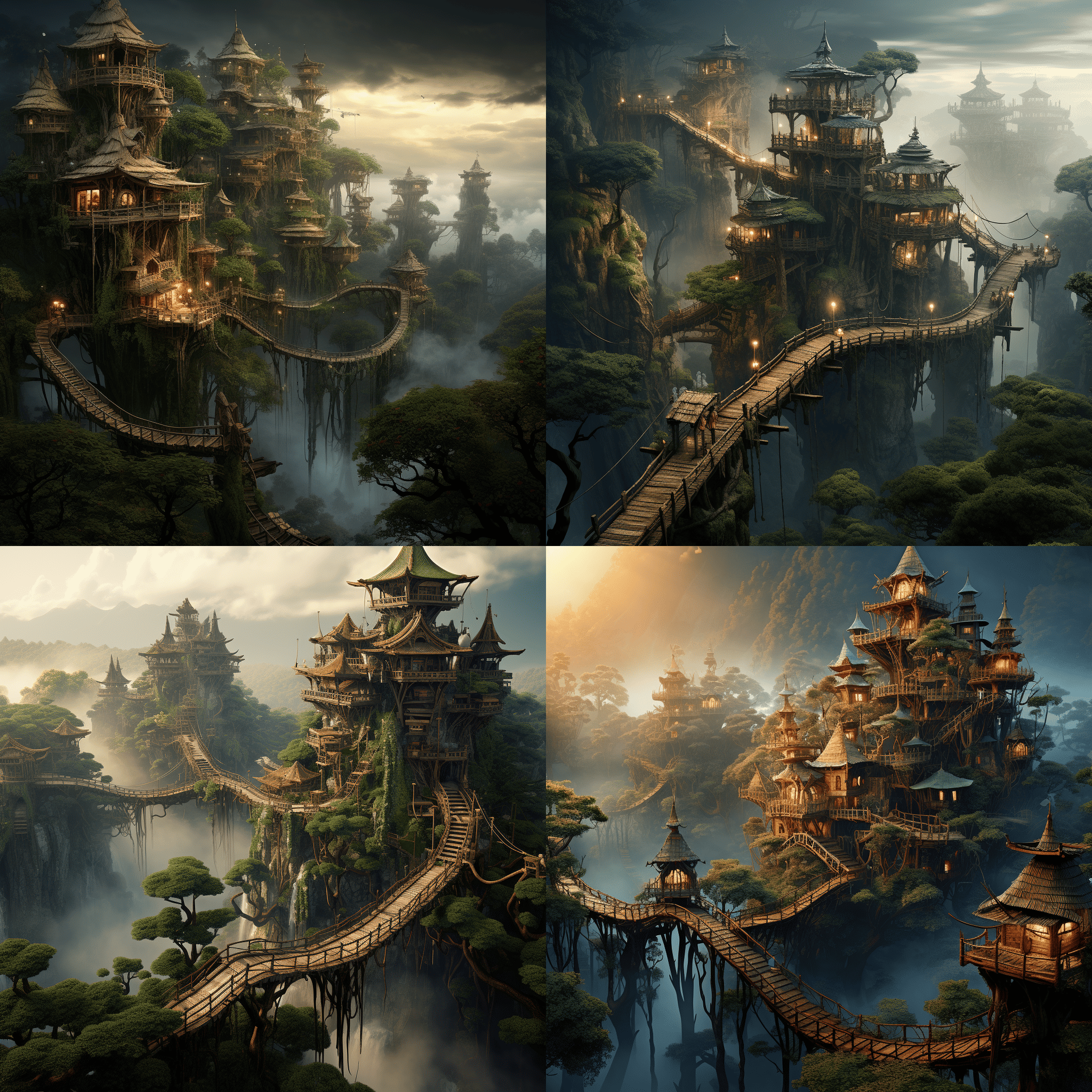 A treehouse village interconnected with wooden bridges, perched atop ancient giant trees amidst a misty forest