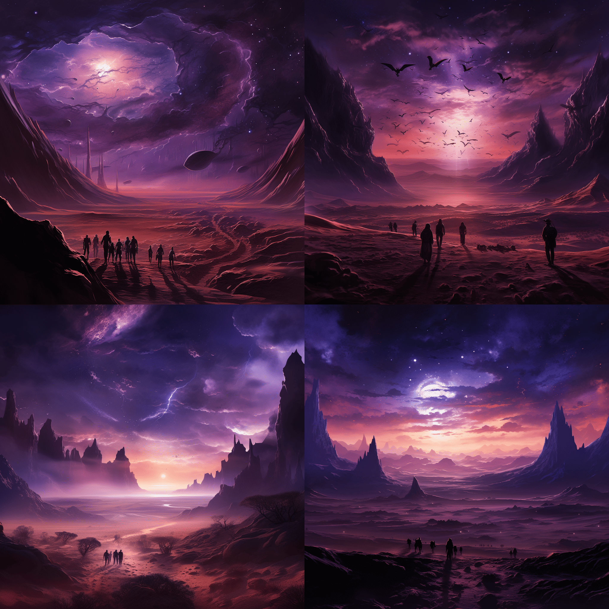 A vast desert with shifting purple sands under a galaxy-filled sky, with silhouettes of nomads traveling on giant winged creatures