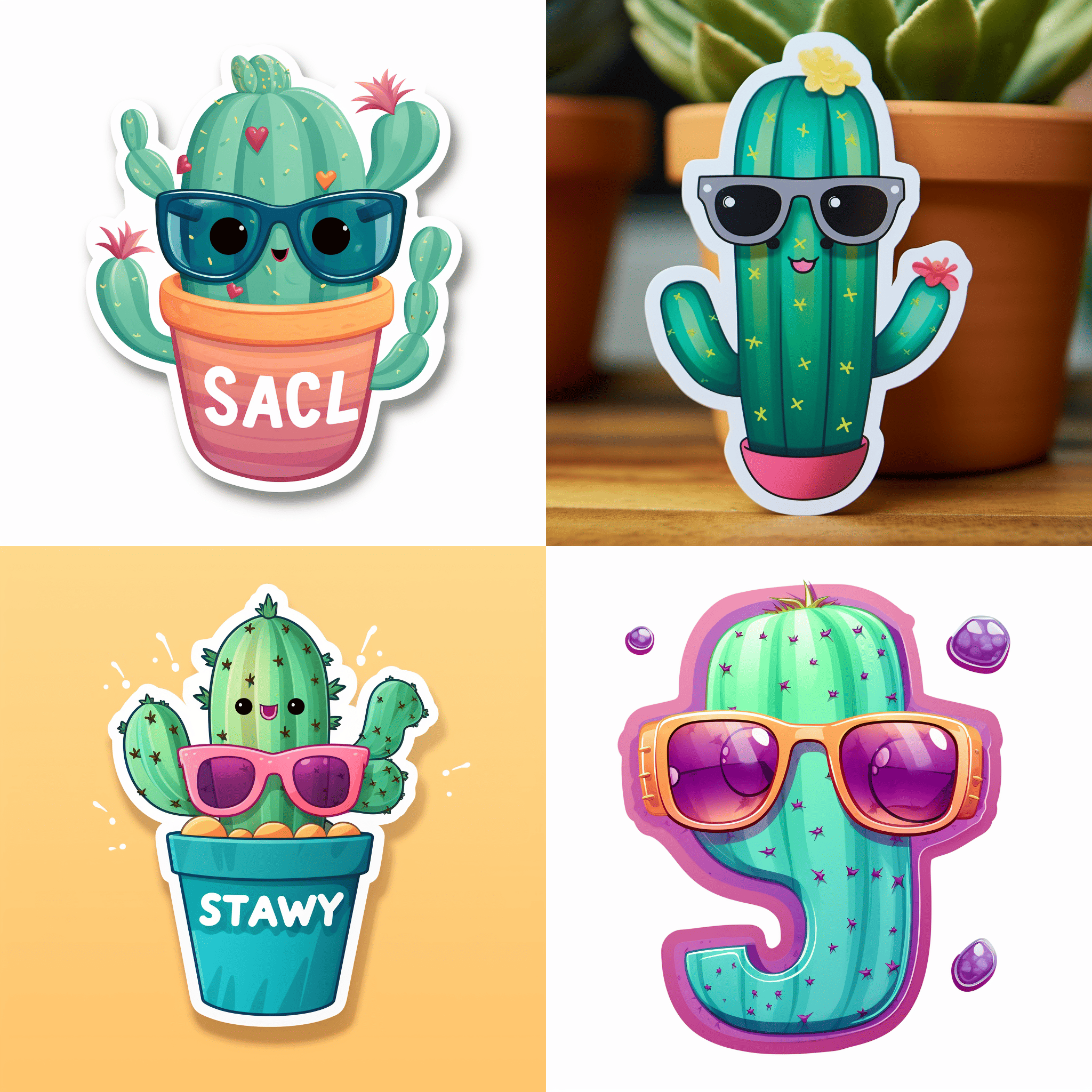 A vibrant sticker of a kawaii-style cactus wearing sunglasses, with the words 'Stay Cool' in bubbly letters