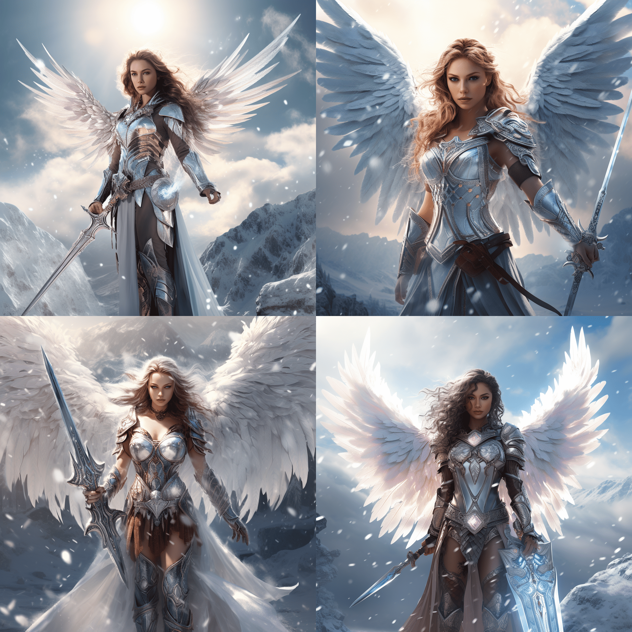 A warrior princess with shimmering armored wings, wielding a crystal-infused sword, standing on a snowy peak