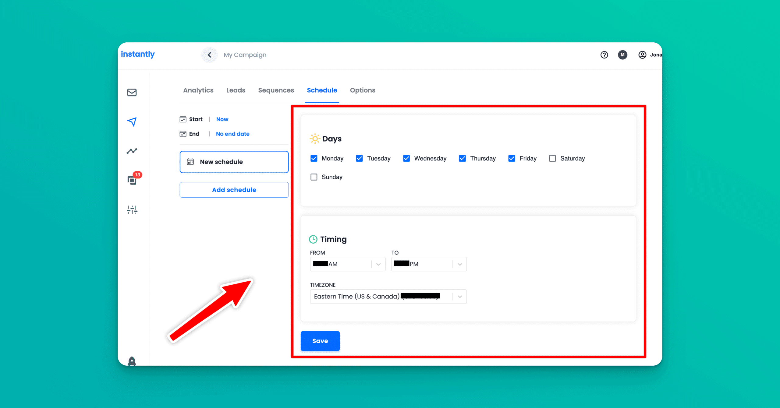 Setting up a new email schedule for email campaigns using Instantly.ai